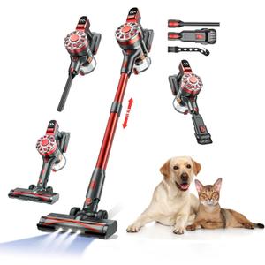 Cordless Vacuum Cleaner for Home, Lightweight Stick Vacuum Cordless Rechargeable with Power Suction, Up to 35 Mins Runtime, Hardwood Floor Vacuum for Pet Hair, Carpets, Tile (Black Red)