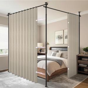 AJAZZ Room Divider Curtain (2 Panels, Cream White, W100 x L96 in)+ Curtain Rods No Drilling Adjustable Tension (H) 43-120×(W) 35-200 in, Heavy Duty Wall Divider for Apartment/Dorm
