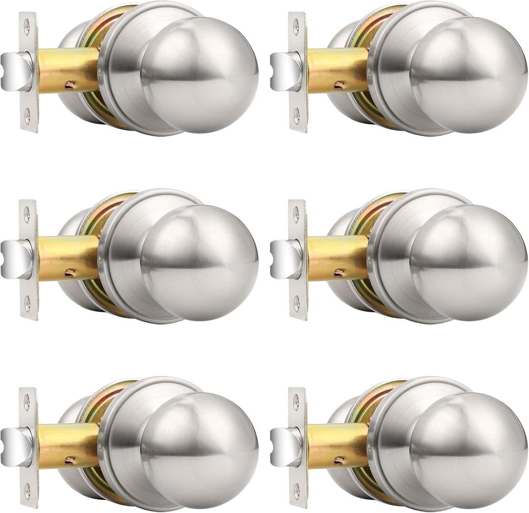 Probrico Round Passage Door Knobs Handles for Hall/Closet Brushed Nickel Interior Keyless Door Knobs, 6 Pack
