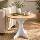 Modern Round Side Table 24in Accent End Table Coffee Table with Walnut Wood Grain Tabletop & White Curved Base for Living Room Bedroom Sofa Corner, Pedestal Nightstand for Indoor/Outdoor