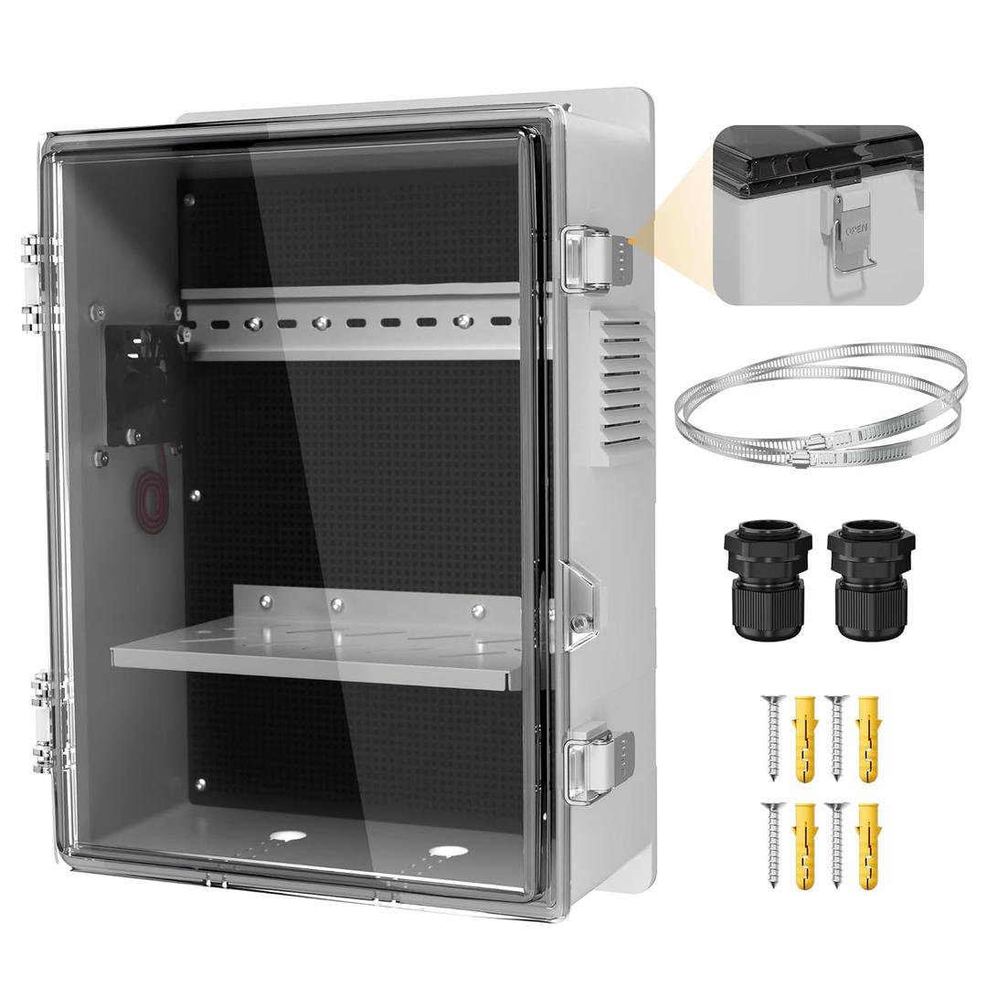 Joinfworld Outdoor Electrical Vented Box Outdoor Waterproof Junction Enclosure 16x11x6 Plastic WiFi Box with Stainless Steel Buckle Dust Screen 12V Fan (Clear)
