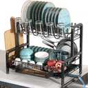 2 Tier Black Dish Drainer Drying Rack for Kitchen Counter, Large Stainless Steel Dishes Dryer with Drainboard, Space Saving, Big Rustproof Metal Modern Countertop Plates Strainer with Utensil Holder