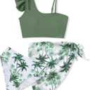 Girls Swimsuits Hawaiian Teen Bathing Suits 3 Piece Tropical Floral Ruffle Strap Bikini Set with Cover Up Skirt 9-16T (Green)