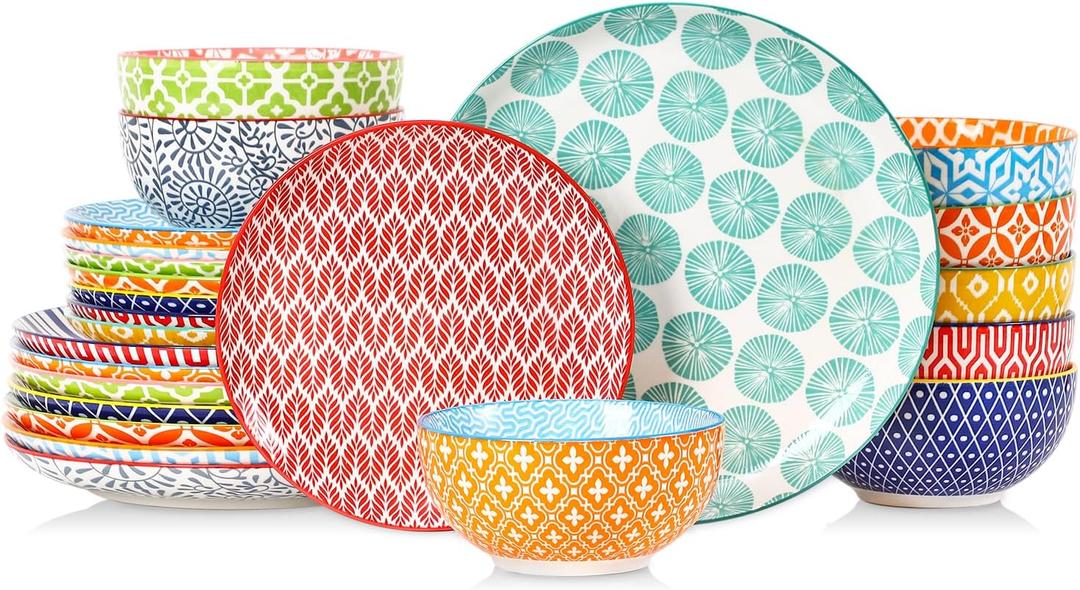 Selamica Ceramic Plates and Bowls Sets,24 Pieces Dinnerware Sets for 8,Scratch Resistant Dish Set for family gathering,Dishwasher & Microwave Safe, Assorted Colors
