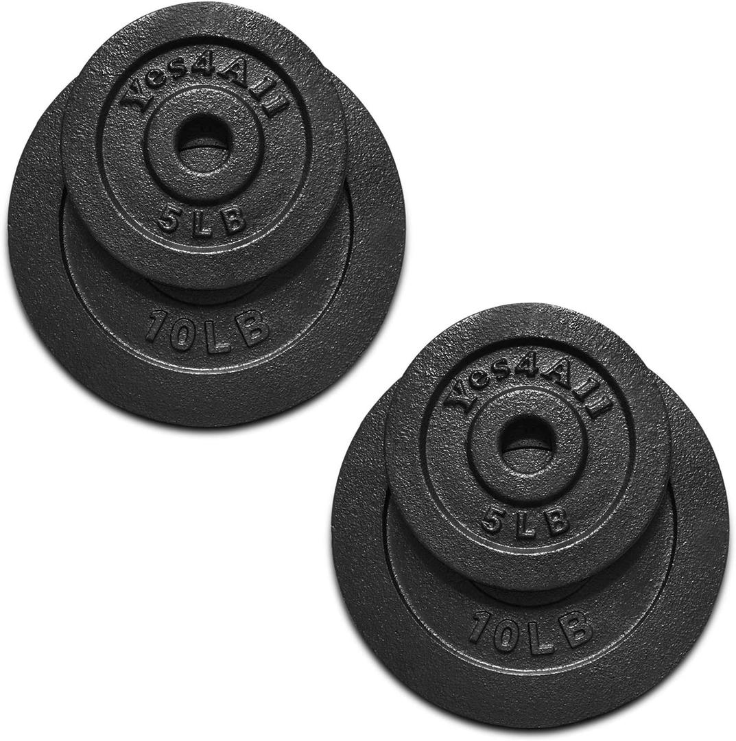 Yes4All 1.15 Inch Cast Iron Weight Plate - Ideal for Dumbbell Handle, Strength Training & Weightlifting (Set) - 1.25 + 2.5 + 5 +10lbs - Pair (Set of 8)