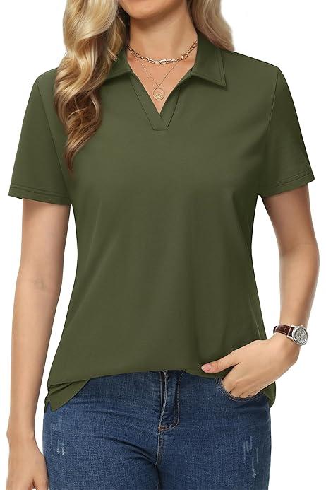 TACVASEN Women's Polo Shirts V Neck Short Sleeve Collared Golf Shirt Wicking Lightweight Casual Polos Tops (Large, Khaki)