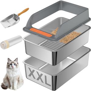 Stainless Steel Sifting Litter Box with Lid, XXL Extra Large Sifting Cat Litter Box for Pine Pellets & Big Cats,Metal Pellet Sifter Litter Pan System for Odor Control,Sifting Box Liners & Scoop