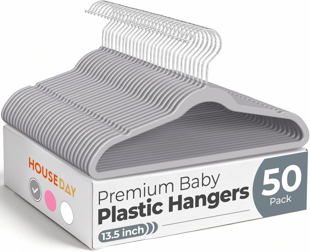 HOUSE DAY 13.5 Inch Kids Hangers 50 Pack - Premium ABS Plastic Clothes Hangers for Kids, Children, Preteens - Space Saving Thin Profile, Strong & Durable Hangers with 360 Swivel Hook - Gray