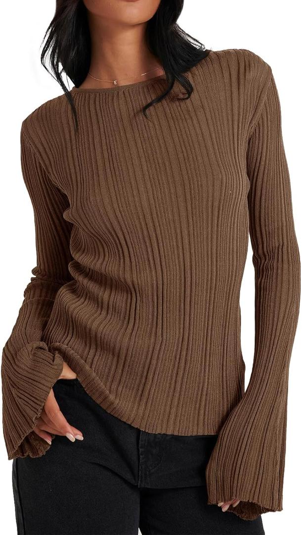 Cicy Bell Womens Bell Long Sleeve Tops Going Out Knitted Fall Pullover Lightweight Sweater Shirts (Small, Coffee)