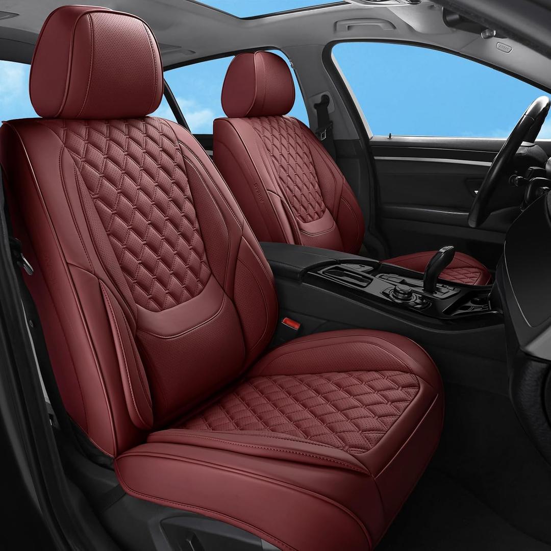 Car Seat Covers Front Seats Burgundy, Luxury Faux Leather Women Waterproof Non-Slip Seat Protector Universal Fit for Most Cars SUVs Trucks Pick-ups Car Accessories Interior(Wine Red-Front Seats)