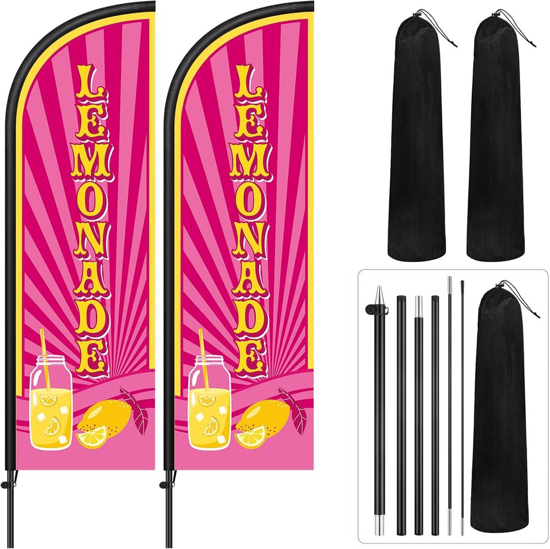 Remagr 2 Pack Lemonade Feather Flag 7 ft Advertising Swooper Flag Sign Windless Lemonade Banner with Pole Kit and Ground Stake for Businesses Restaurants Outside Ground(Rose Pink)