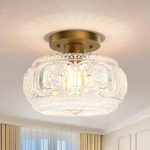 Semi Flush Mount Ceiling Light, Globe Glass Ceiling Light Fixture, Gold Modern Lighting for Hallway Porch Corridor Kitchen Bedroom, Bulb Not Included (9.38 inch)