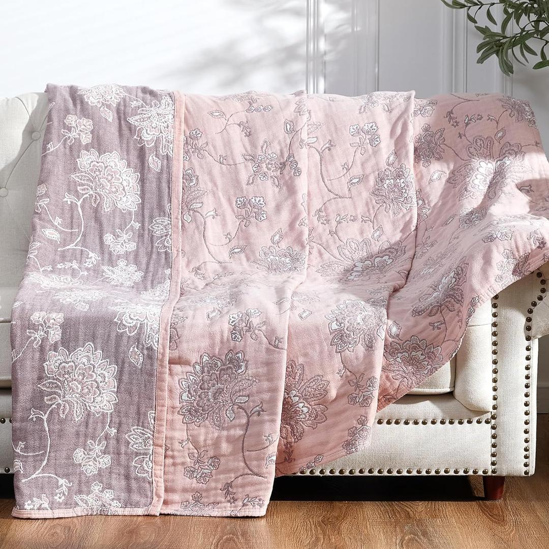 jinchan Boho 100% Cotton Muslin Twin Size 50x60 Inches Blanket Lightweight 4-Layer Quilted Soft Pink Red Floral Throw Blanket Reversible Comfy Flower Breathable All Seasons Couch Bedroom Decor
