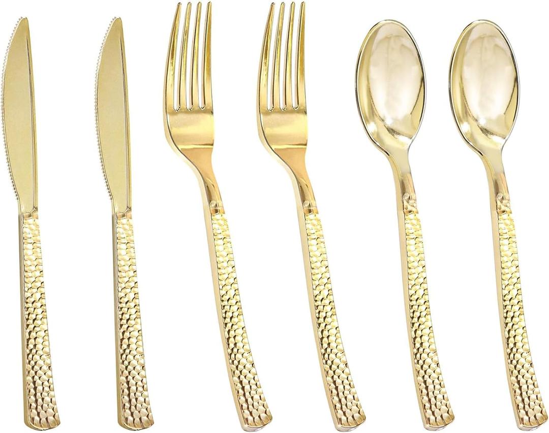 Nervure 300PCS Gold Hammered Plastic Silverware - Heavy Duty Plastic Cutlery - Gold Disposable Utensils Includes 100 Forks, 100 Knives, 100 Spoons Perfect for Wedding & Party