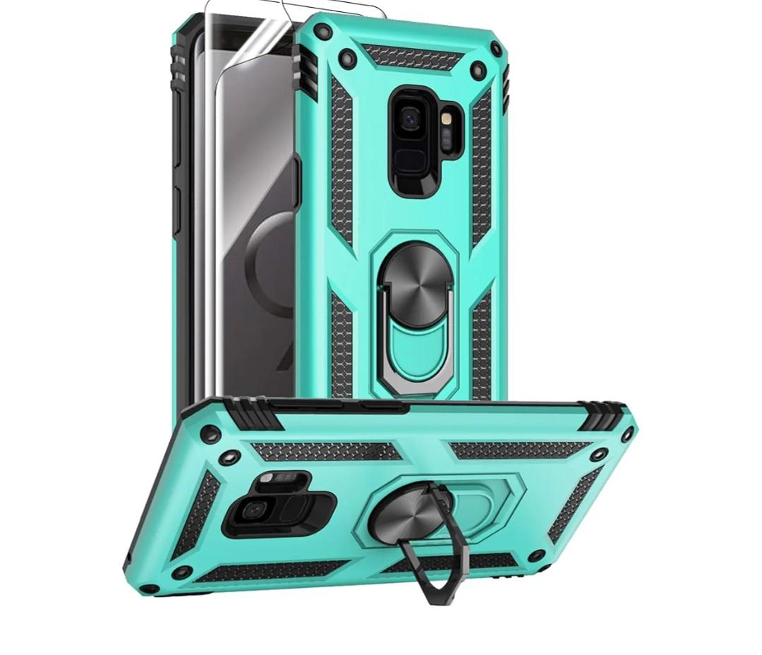 Androgate for Samsung Galaxy S9 Case with HD Screen Protectors, Military-Grade Metal Ring Holder Kickstand 15ft Drop Tested Shockproof Cover Case for Samsung Galaxy S9 (2018), Green