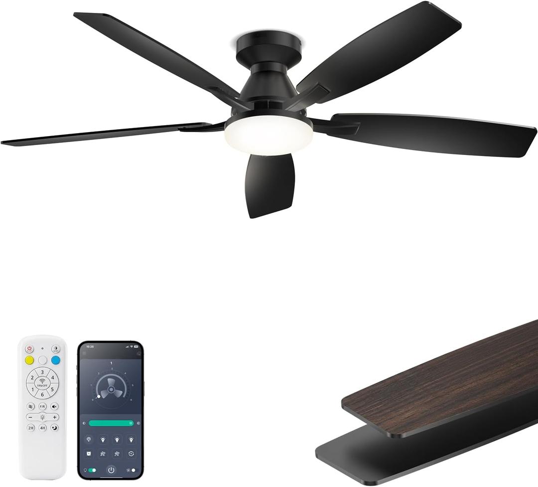 52 Inch Ceiling Fans with Lights, Remote & App Control, Quiet Reversible DC Motor, 6 Speeds, Dimmable 3CCT LED Light, Low Profile Flush Mount Ceiling Fan for Bedroom Living Room, Black
