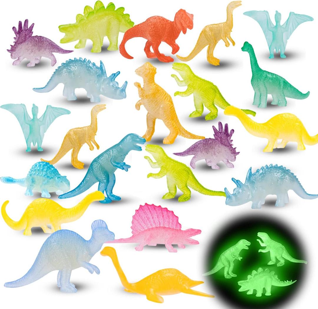 48Pcs Glow in Dark Mini Dinosaur Figures Birthday Party Favors Supplies Dino Cupcake Toppers Pinata Goodie Bags Stuffers Classroom Prizes Carnival Treasure Box Trinkets Bulk Toy Kids Goody Treat Gifts