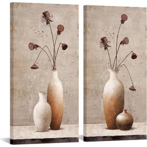 sechars Large Size Rustic Flower in Vase Painting Wall Art Beige Brown Lotus Pods Picture Canvas Prints Vintage Farmhouse Living Room Decorations 20"x40"x2PCS (Brown)