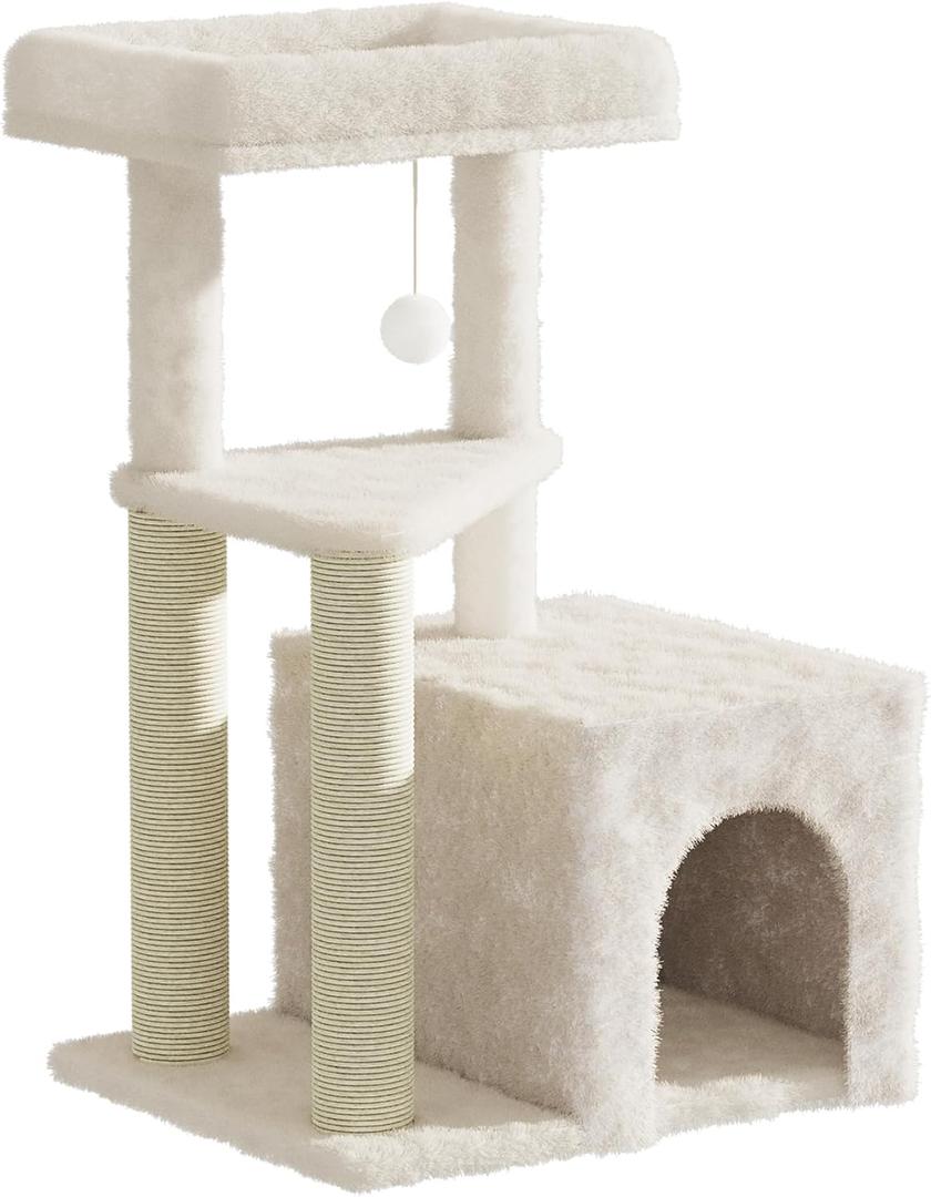 Cat Tree Tower for Indoor Cats, 33 Inches Multi-Level Cat Condo with Scratching Posts, Large Perch, Hanging Toy for Large Adult Cats, Beige
