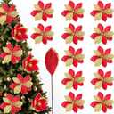 Zeyune 12 Pcs 9.84" Large Poinsettia Picks for Christmas Tree Red Gold Glitter Artificial Christmas Poinsettias Flower with Stems Xmas Floral Ornaments for Xmas Tree Party Wreath DIY Vase Home Decor