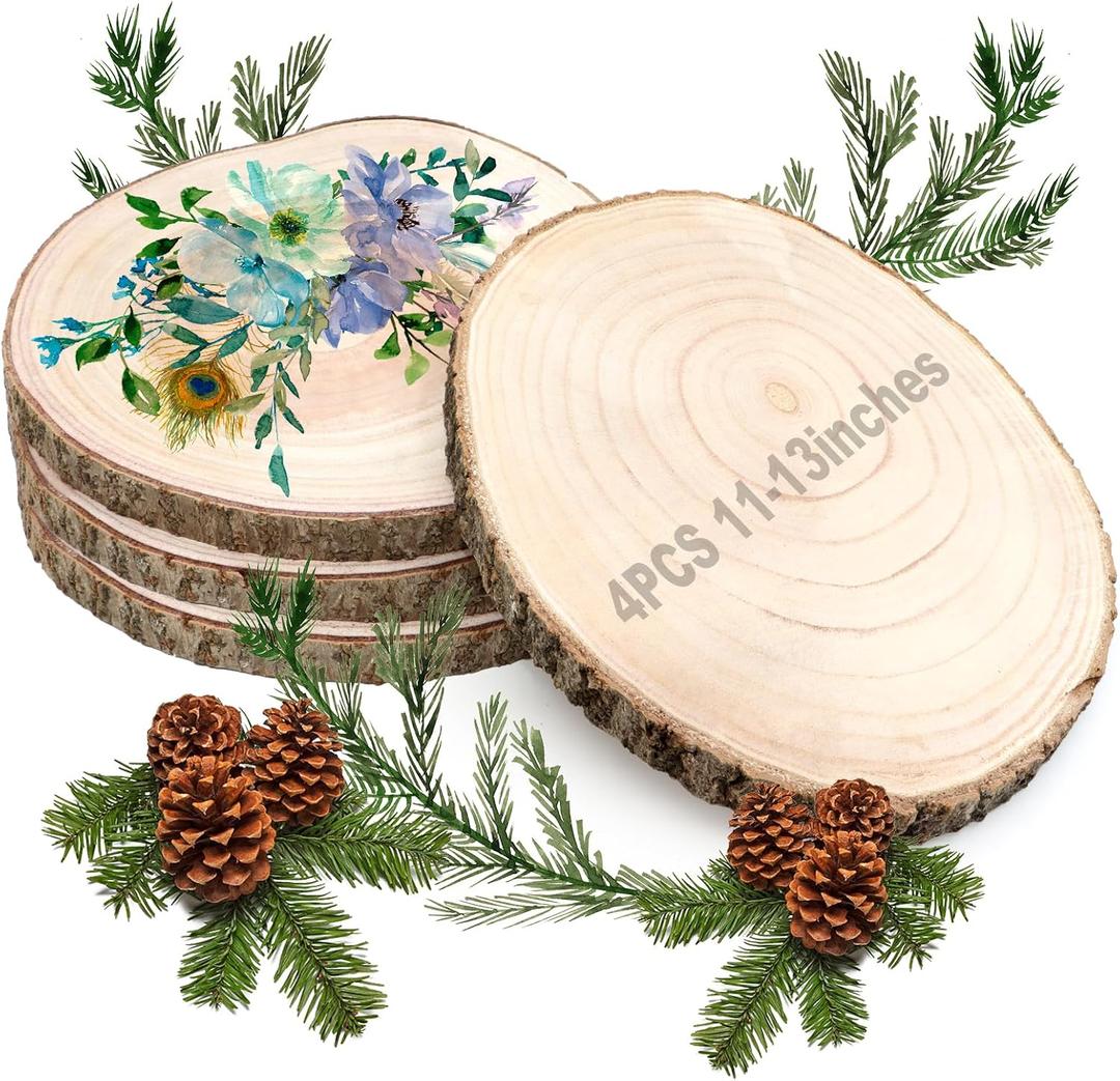 ZOCONE 4 Pcs Large Wood Slices 11-13 Inches Unfinished Rounds, Natural Paulownia Wooden Slices for Centerpieces, Round Wooden Discs Decoration with Bark, Wood Circles for Centerpieces for Painting