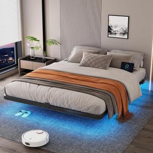 Full Size Floating Platform Bed Frame with Smart RGB LED Lights & Charging Station, Sturdy Metal Bed Frames, No Box Spring Needed,Easy Assembly