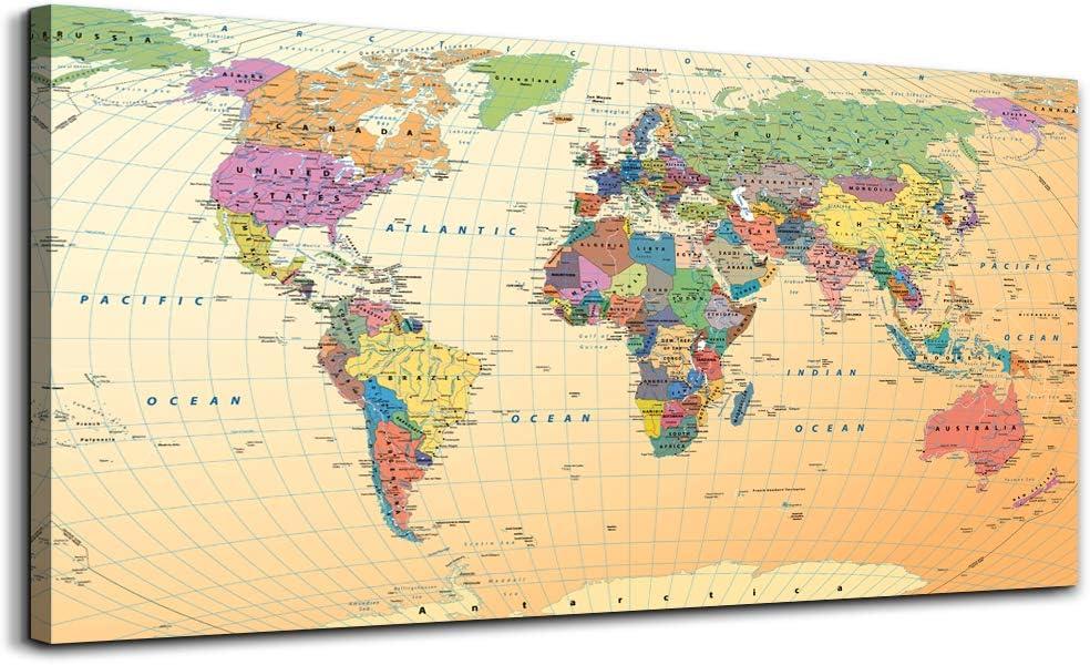 Vintage World Map - Premium Canvas Art Print - Office Wall Art Decor - Canvas Picture Stretched on Wooden Frame As Modern Gallery Large Wall Poster Maps Picture Artwork- Office Hotel Home Decoration