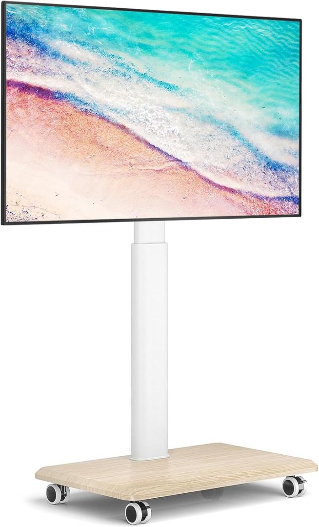 YOMT Portable Floor TV Stand on Wheels for 32-70 Inch TVs, Tall Universal Rolling TV Stand with Swivel Mount, Elegant Lockable Mobile TV Cart with Wood Base for Living Room, Bedroom, Dorm (White) (Basic)