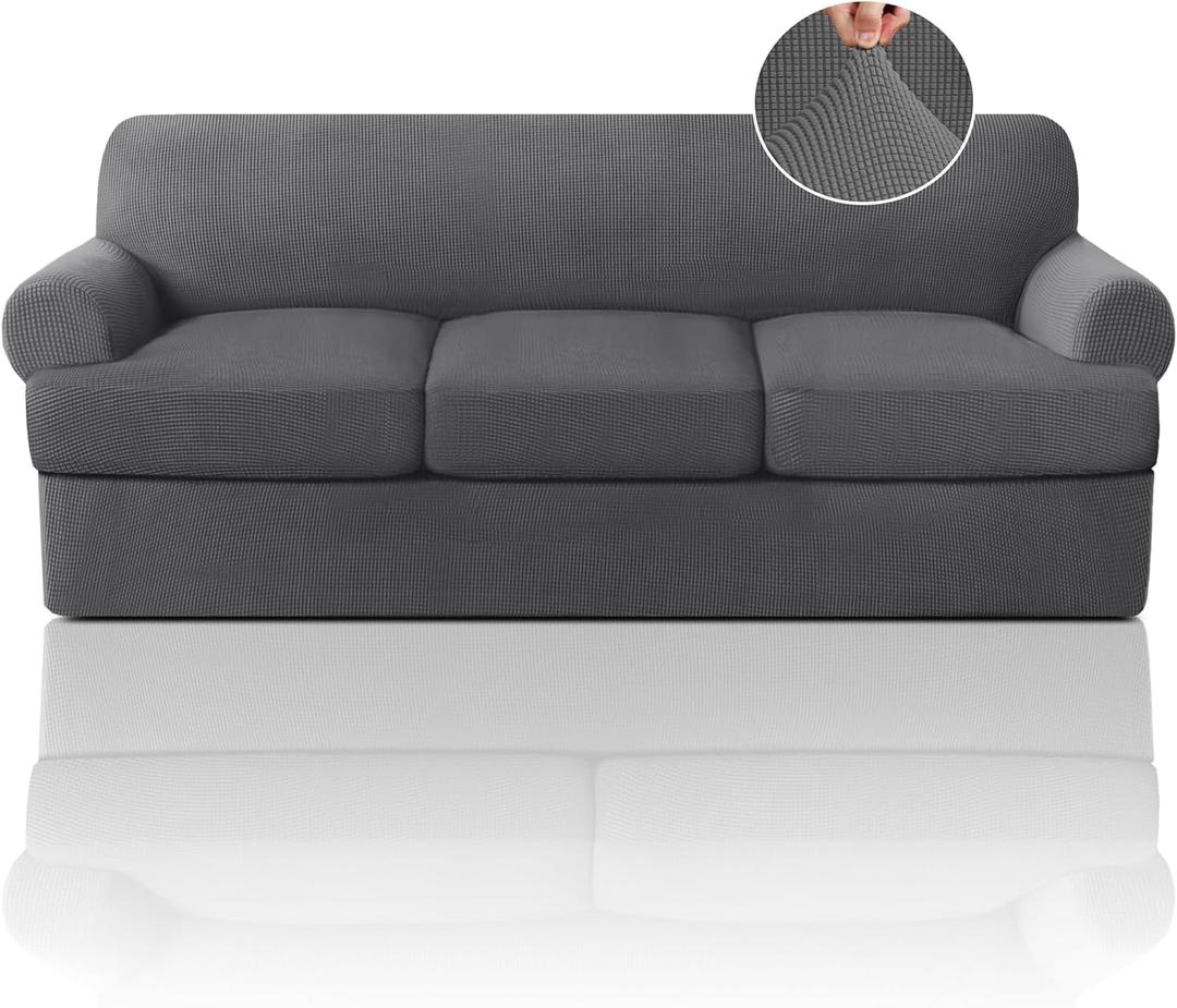 PrinceDeco T Cushion Sofa Slipcover 4 Pieces Sofa Covers for T Cushion Couch Soft Sofa Slip Covers Furniture Protector with 3 Individual T Shape Seat Covers (70"-88") Washable, Grey