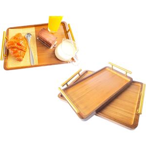 Bamboo Serving Tray with Gold Handles - Large Wood Serving Tray for Breakfast in Bed, Coffee Table, Dinner & bar - Decorative Bed Table Tray for Kitchen or Bedroom14" x 9.5" x 2"
