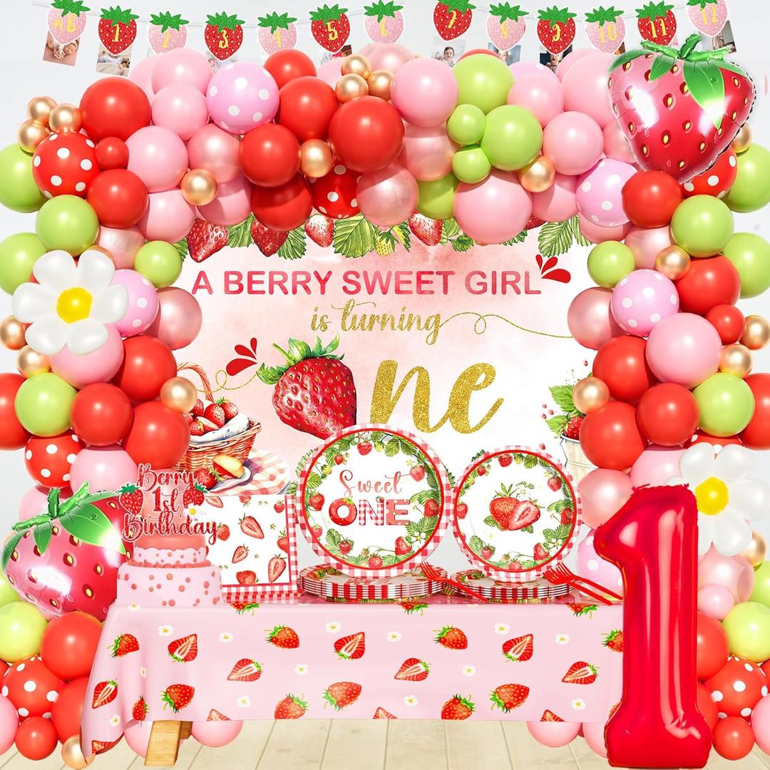 Berry First Birthday Decorations, Strawberry 1st Birthday Party Decorations, Berry Sweet One Party Supplies with Plates, Napkins, Forks for Fruit One Year Old Party Idea