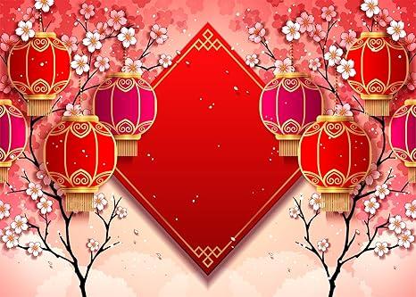 BELECO 10x8ft Fabric Chinese New Year Backdrop Red Lanterns Cherry Blossom Flowers Spring Festival Background Asian Lunar New Year Party Decorations Banner Photoshoot Studio Props