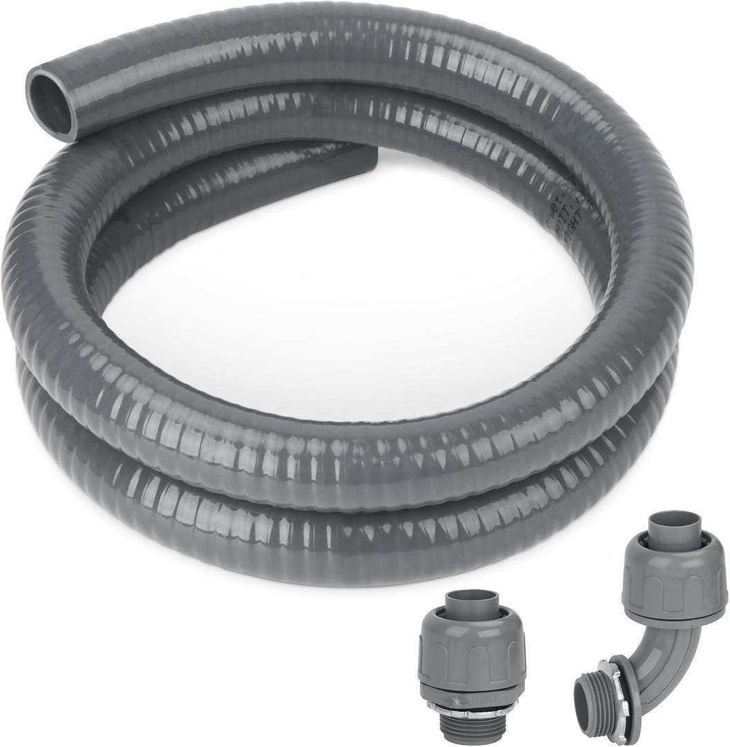 Electrical Conduit Kit 3/4'' 4FT Grey Electrical AC Whip Kit, Liquid-Tight Flexible Electrical Conduit with 90 Degree and Straight Connector Fittings