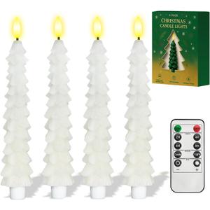 4 Pcs White Christmas Tree-Shaped Flameless Taper Candles with Remote and Timer, 9.8'' Real Wax LED Window Candlesticks, 3D Flame Wick Battery Operated Christmas Tree Candles for Holiday Decoration