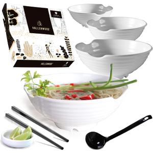 4 XL White Pho Bowls set. 16 Pieces Pho Bowl Set for Asian Noodle Dishes, 52 oz Restaurant Quality Melamine. Perfect for Ramen, Curry, Udon, Thai. Includes Spoons, Chopsticks And Sauce Dishes.