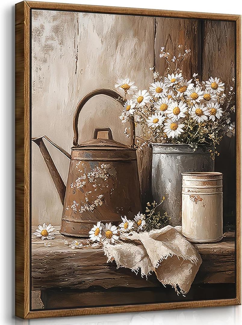 Framed Rustic Daisy Wall Art Farmhouse Bathroom Wall Decor Vintage Country Flower Painting Pictures Spring Summer Poster Prints Rustic Decor Artwork for Bedroom Living Room Home Decoration 16X24in