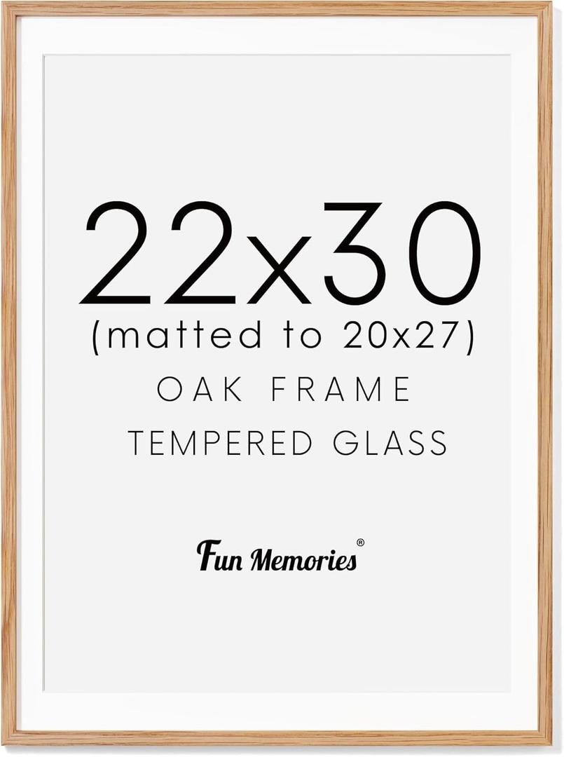 22x30 Oak Wood Picture Frame, 22"x30" Poster Frame for Wall, 22x30 Picture Frame with Mat for 20x27, Solid Oak Wood Photo Frame 22 x 30 with Tempered Real Glass (Natural Oak Color, 1 Pack) (22x30 - 1P, Oak)
