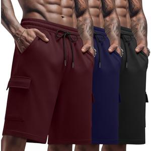 Neer 3 Pack Men's Cargo Shorts Athletic 9" Bermuda Pants with Pockets Knee Length Workout Drawstring Gym Sweat Shorts Summer, XXL