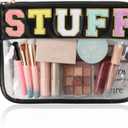 BuyCard Clear Stuff Bag for Travel, Preppy Chenille Letter Embroidered Zipper Pouch, Waterproof PVC & PU Leather Cosmetic Bag, Toiletry Makeup Bag for Women Girls Black