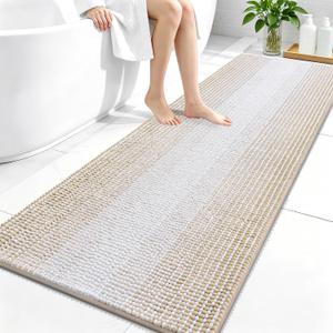 OLANLY Bathroom Runner Rugs 59x24, Soft Chenille Striped Bath Rugs, Beige