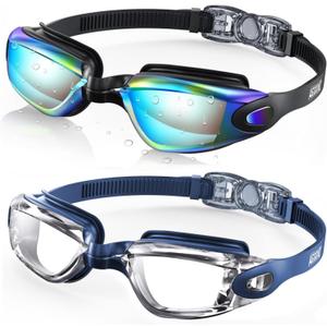 Aegend Swim Goggles, 2 Pack Swimming Goggles No Leaking Adult Men Women Youth (Aqua & Clear With Blue Strap)