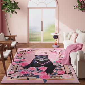 Living Room Rug 5x7 Rug Machine Washable Retro Lavish Leopard Area Rug Non Slip Floral Animal Vintage Low Pile Large Rugs for Living Room, Bedroom, Farmhouse, Dining Room, Kids Playroom (Black Pink)