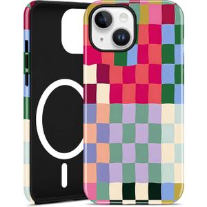 Jusy Compatible with MagSafe Checkerboard Phone Case for iPhone 15, Cute Aesthetic Checkered Magnetic Soft TPU and Hard PC Protective Phone Cover for Women GirlsShiny - Colorful