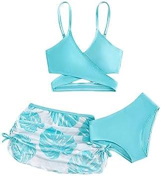Milumia Girl's 3 Pieces Bikini Set Tropical Print Criss Cross Wrap Bathing Suit with Beach Skirt, 11-12 Y