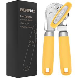 Beneno Heavy Duty Hand Can Opener Manual with Magnet, Durable Sharp Carbon Steel Blade Smooth Cutting, Big Effort-Saving Knob, Soft Grip Handle, Multifunctional Kitchen Tool with Bottle Opener, Yellow