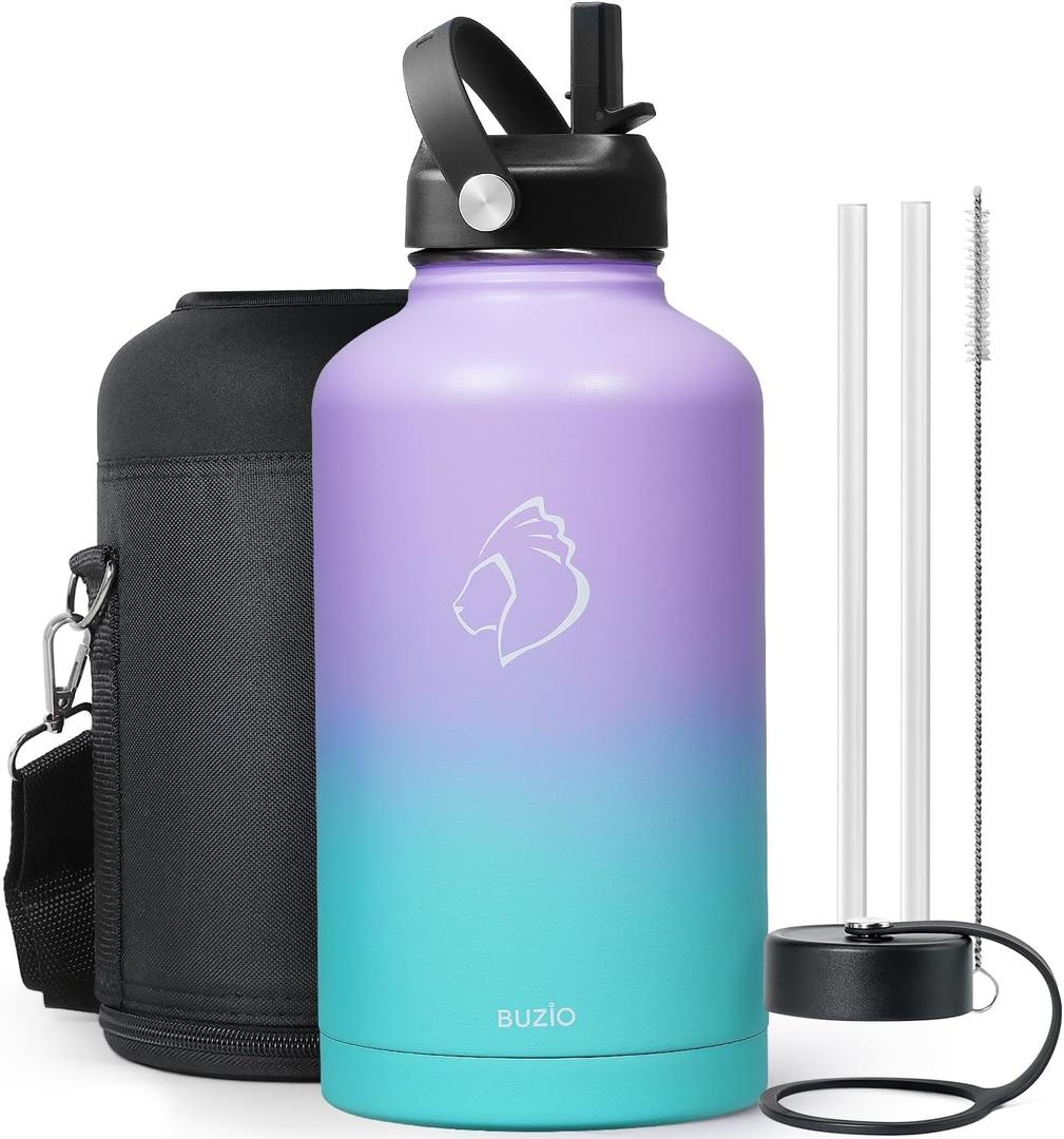 BUZIO 64oz Insulated Water Bottle Stainless Steel Double Wall Leak Proof Half Gallon with Straw Lid and Flex Cap (Cold for 48 Hrs) Sports Flask Metal Travel Mug for Hiking, Camping, Purple Green