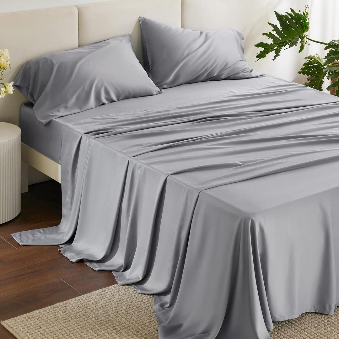 Bedsure Queen Sheet Set, Rayon Derived from Bamboo, Cooling Sheets, Deep Pocket Up to 16", PureWoven, Breathable & Soft, Hotel Luxury Silky Bedding for Hot Sleepers, Silver Grey