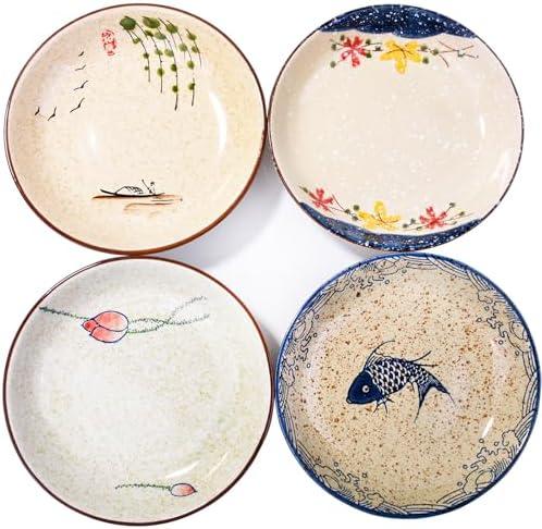 7 Inch Japanese Retro Ceramic Dinner Plates Set of 2 Asian-Inspired Dinnerware with Unique Hand-Painted Patterns, Microwave & Dishwasher Safe