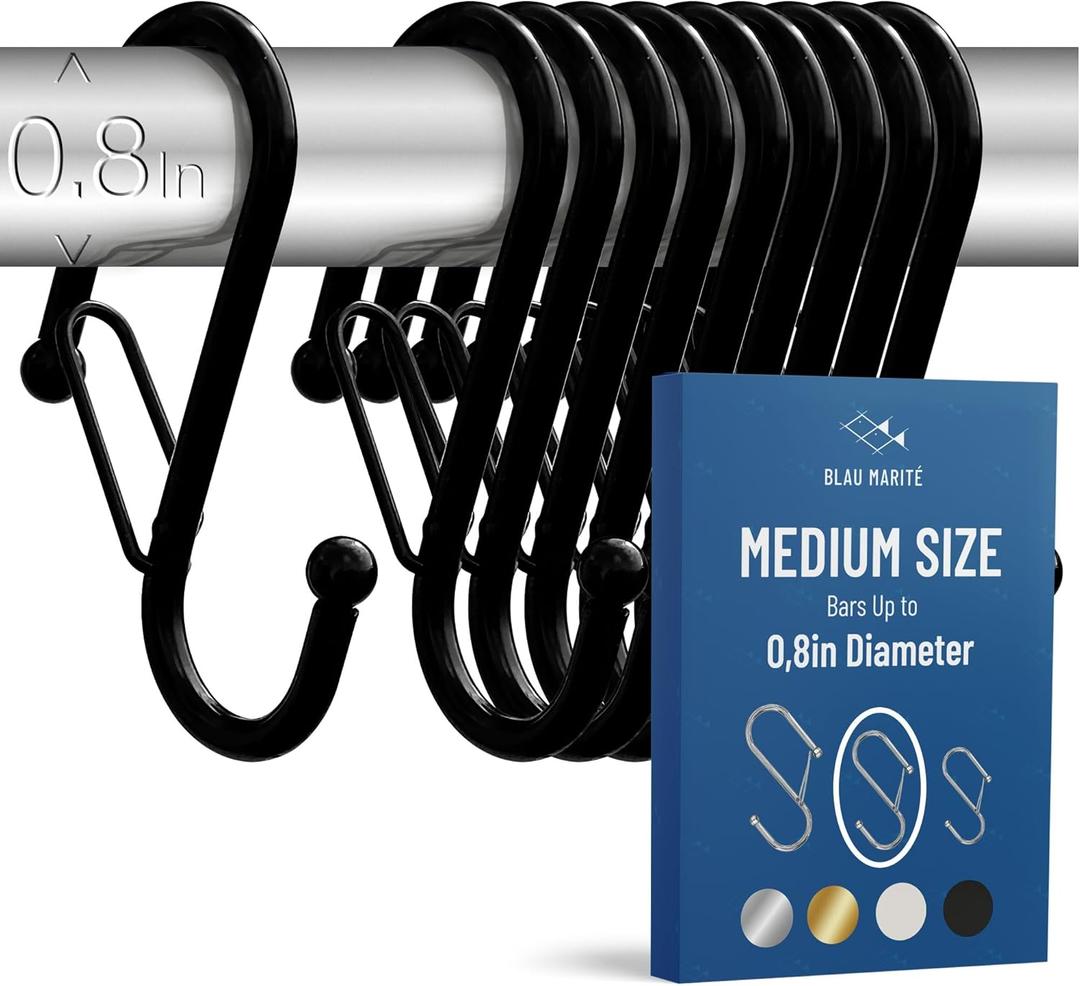 10-Pack Metal S Hooks for Hanging  Heavy-Duty S-Shaped Hook with Safety Buckle  Fits Bars up to 0.8 in  Anti-Drop S-Hooks for Kitchen, Bathroom, Closet & Pot Racks  Black (Medium)