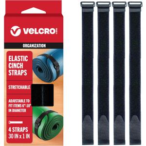 VELCRO Brand 30 Inch Elastic Straps 4 Pack | Stretchable and Adjustable For Snug Fit | Fasten Outdoor Umbrellas, Wood, Tarps, Blankets, Poles, More | Cinch with Buckle, Black 30x1"